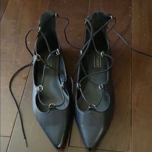 TOPSHOP POINTY TOE LACE UP BLACK FLATS SIZE 8/39